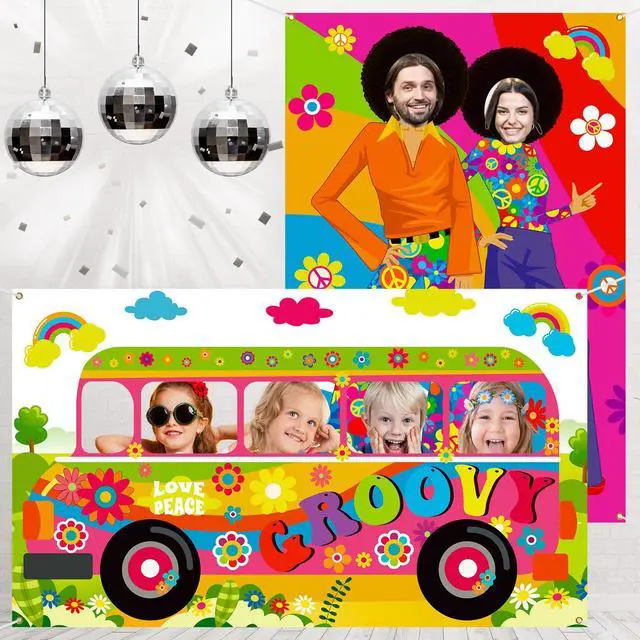 Alt view image 4 of 7 - 2 Pcs 60's Theme Party Decorations Hippie Bus Photo Prop Hippie Theme Party Backdrop Groovy Selfie Frame Banner for Retro 60s 70s Decor