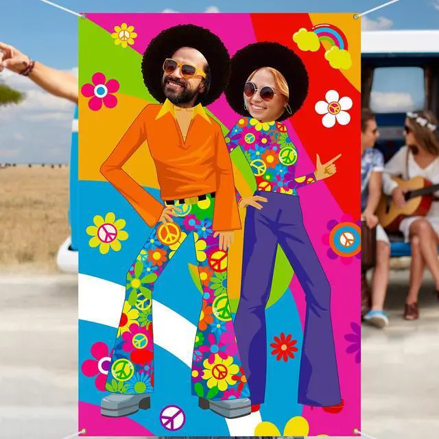 Alt view image 6 of 7 - 2 Pcs 60's Theme Party Decorations Hippie Bus Photo Prop Hippie Theme Party Backdrop Groovy Selfie Frame Banner for Retro 60s 70s Decor
