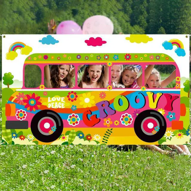 Alt view image 5 of 7 - 2 Pcs 60's Theme Party Decorations Hippie Bus Photo Prop Hippie Theme Party Backdrop Groovy Selfie Frame Banner for Retro 60s 70s Decor