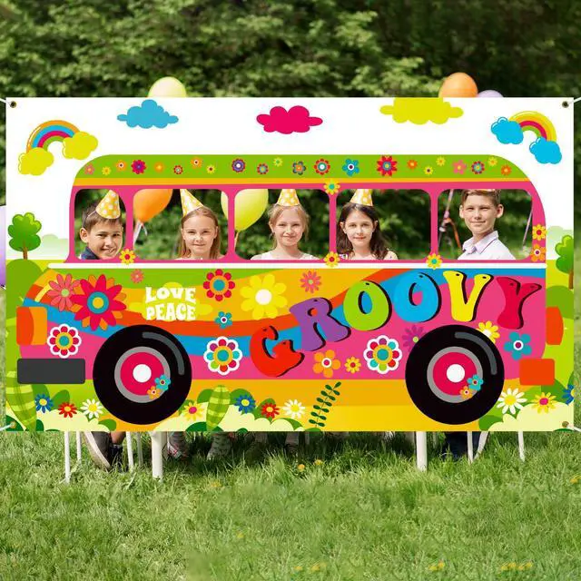 Alt view image 7 of 7 - 2 Pcs 60's Theme Party Decorations Hippie Bus Photo Prop Hippie Theme Party Backdrop Groovy Selfie Frame Banner for Retro 60s 70s Decor