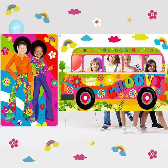 Main image of 2 Pcs 60's Theme Party Decorations Hippie Bus Photo Prop Hippie Theme Party Backdrop Groovy Selfie Frame Banner for Retro 60s 70s Decor