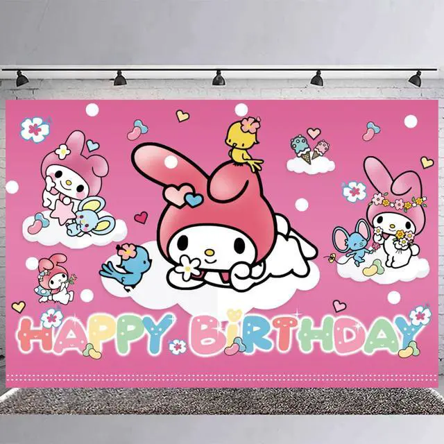 Alt view image 3 of 7 - My Melody Birthday Party Backdrop & Decoration - Pink Themed Happy Birthday Banner, 5x3ft