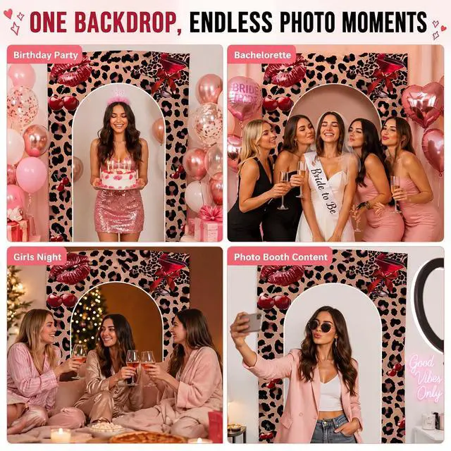 Alt view image 3 of 5 - Cheetah and Cherry Photo Backdrop, Leopard Print Birthday Photoshoot Decoration 4.3 x 6.6 ft Oxford Cloth Red Cherry Leopard Backdrop for Women Safari Birthday Girls Night Animal Print Party