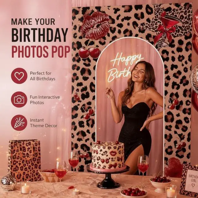 Alt view image 5 of 5 - Cheetah and Cherry Photo Backdrop, Leopard Print Birthday Photoshoot Decoration 4.3 x 6.6 ft Oxford Cloth Red Cherry Leopard Backdrop for Women Safari Birthday Girls Night Animal Print Party