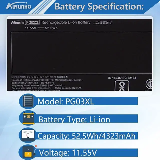 Alt view image 2 of 7 - PG03XL 52.5Wh L48495-005 Laptop Battery Replacement for HP Pavilion Gaming 15-DK 15-dk0000 15-DK0125TX OMEN 5X FPC52 Series HSTNN-OB1I L48430-AC1 L48430-2C1 11.55V 4323