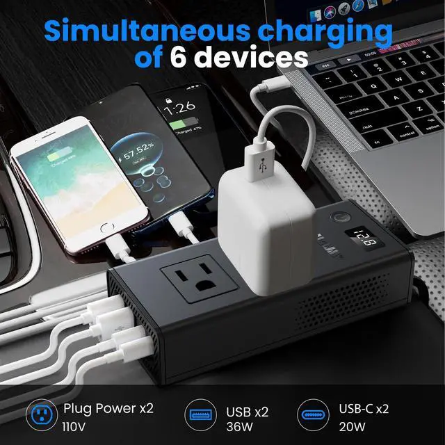 Alt view image 3 of 7 - 300W Car Voltage Converter Inverter DC 12V to AC 110V Ports Fast Charging Car Charger with Cigarette Lighter Plug with 2 Sockets and 4 USB for Business Trips and Vacation