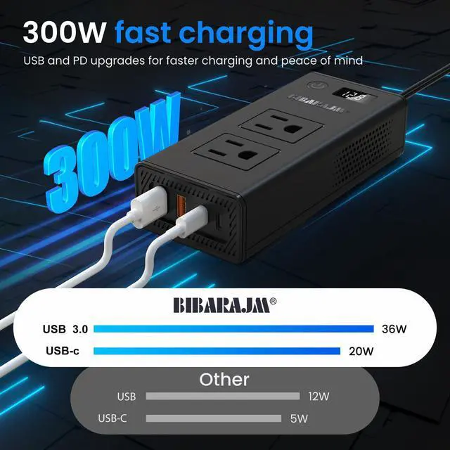 Alt view image 4 of 7 - 300W Car Voltage Converter Inverter DC 12V to AC 110V Ports Fast Charging Car Charger with Cigarette Lighter Plug with 2 Sockets and 4 USB for Business Trips and Vacation