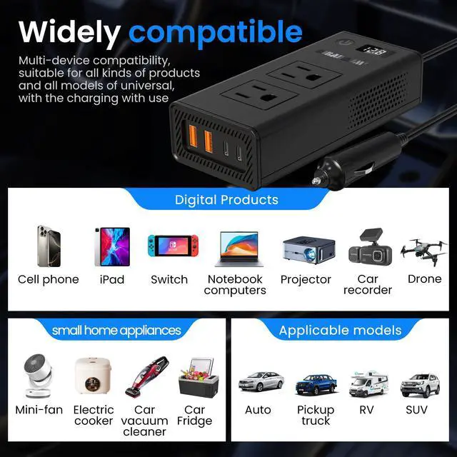 Alt view image 5 of 7 - 300W Car Voltage Converter Inverter DC 12V to AC 110V Ports Fast Charging Car Charger with Cigarette Lighter Plug with 2 Sockets and 4 USB for Business Trips and Vacation