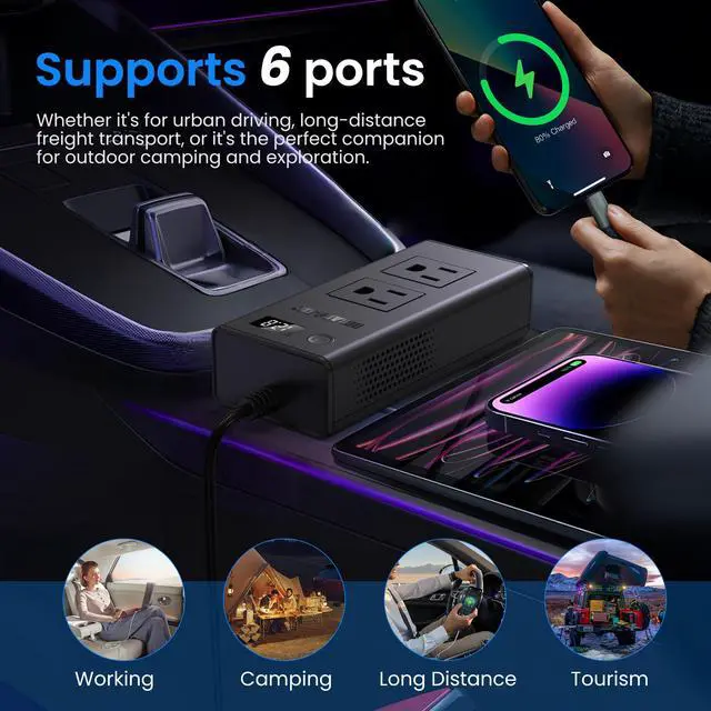 Alt view image 6 of 7 - 300W Car Voltage Converter Inverter DC 12V to AC 110V Ports Fast Charging Car Charger with Cigarette Lighter Plug with 2 Sockets and 4 USB for Business Trips and Vacation