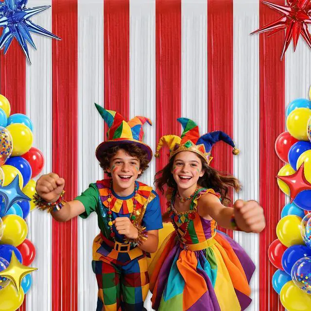 Alt view image 2 of 7 - Carnival Circus Theme Red and White Foil Fringe Curtain Backdrop, 2 Pack | Carnival Circus Party Decorations Metallic Tinsel Photo Booth Streamers for Carnival Birthday Decor