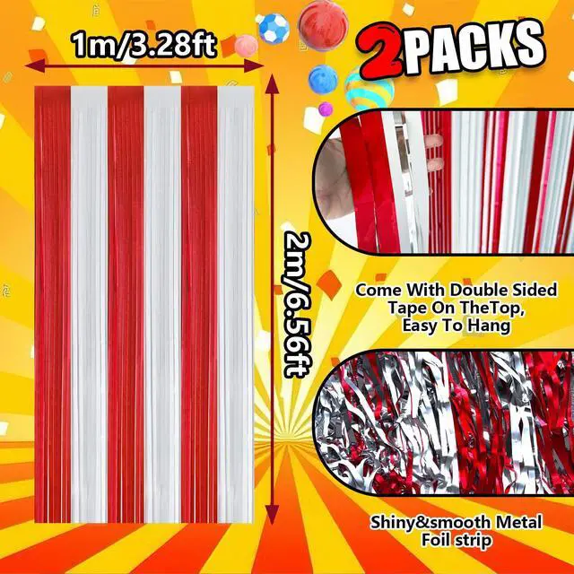 Alt view image 3 of 7 - Carnival Circus Theme Red and White Foil Fringe Curtain Backdrop, 2 Pack | Carnival Circus Party Decorations Metallic Tinsel Photo Booth Streamers for Carnival Birthday Decor