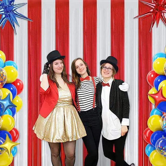 Alt view image 4 of 7 - Carnival Circus Theme Red and White Foil Fringe Curtain Backdrop, 2 Pack | Carnival Circus Party Decorations Metallic Tinsel Photo Booth Streamers for Carnival Birthday Decor