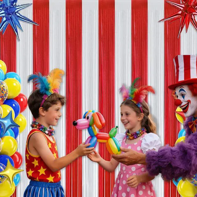 Alt view image 6 of 7 - Carnival Circus Theme Red and White Foil Fringe Curtain Backdrop, 2 Pack | Carnival Circus Party Decorations Metallic Tinsel Photo Booth Streamers for Carnival Birthday Decor