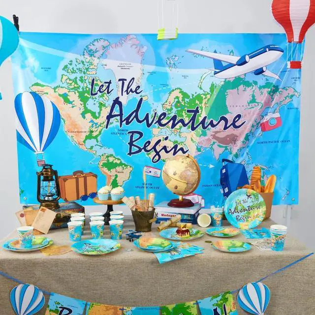 Alt view image 4 of 6 - Bon Voyage Travel Backdrop 73"x43" Photo Background Banner | Adventure Awaits Around The World, Birthday Party Decorations, Classroom Going Away Decor Photo Prop
