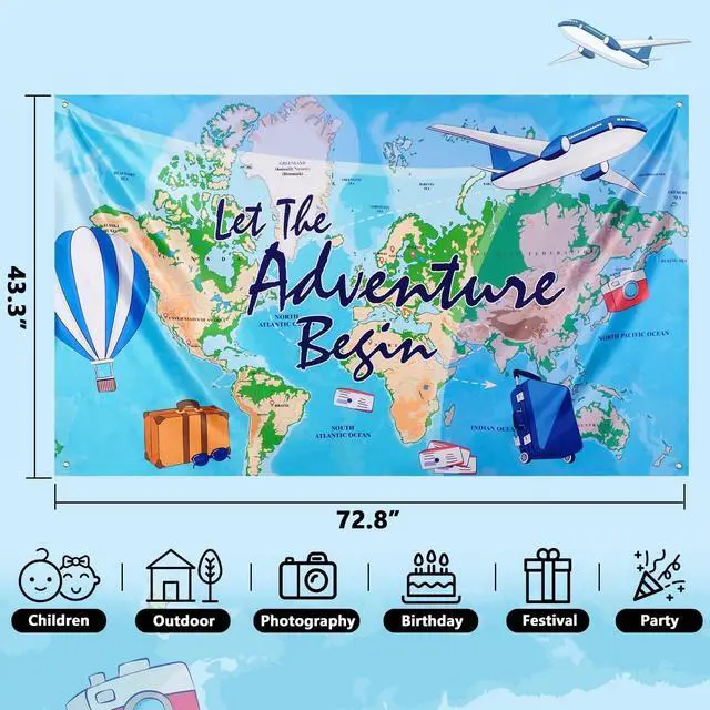 Alt view image 3 of 6 - Bon Voyage Travel Backdrop 73"x43" Photo Background Banner | Adventure Awaits Around The World, Birthday Party Decorations, Classroom Going Away Decor Photo Prop