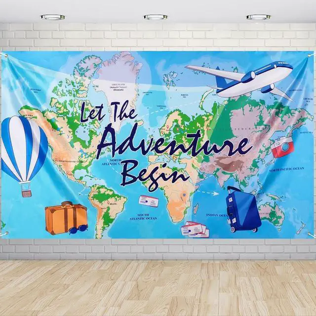 Main image of Bon Voyage Travel Backdrop 73"x43" Photo Background Banner | Adventure Awaits Around The World, Birthday Party Decorations, Classroom Going Away Decor Photo Prop