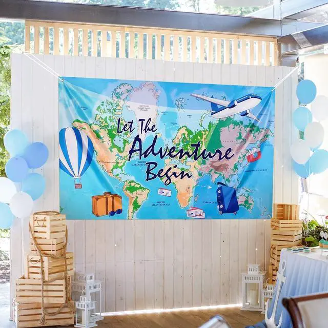 Alt view image 6 of 6 - Bon Voyage Travel Backdrop 73"x43" Photo Background Banner | Adventure Awaits Around The World, Birthday Party Decorations, Classroom Going Away Decor Photo Prop