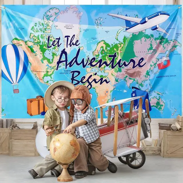 Alt view image 2 of 6 - Bon Voyage Travel Backdrop 73"x43" Photo Background Banner | Adventure Awaits Around The World, Birthday Party Decorations, Classroom Going Away Decor Photo Prop
