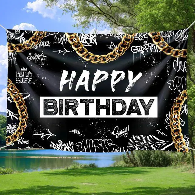 Alt view image 2 of 6 - Black White Graffiti Backdrop Banner - Gold Chain Urban Design for Hip Hop Theme Party, Rap Music Photography, Street Style Decor 72x43 Inch