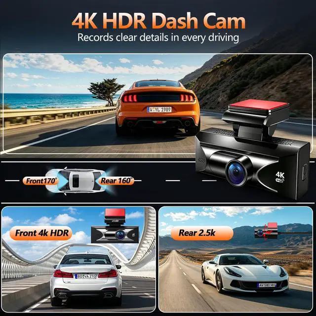 Alt view image 2 of 7 - 4K Dash Cam Front and Rear,HDR Night Vision 24H Parking Mode G Sensor ADAS | 2.5k Rear Camera, 5.8GHz Wi-Fi DashCam, 3" IPS Dash Camera for Cars with GPS Tracking, WDR,Loop Recording & 64GB Card