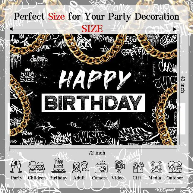 Alt view image 6 of 6 - Black White Graffiti Backdrop Banner - Gold Chain Urban Design for Hip Hop Theme Party, Rap Music Photography, Street Style Decor 72x43 Inch