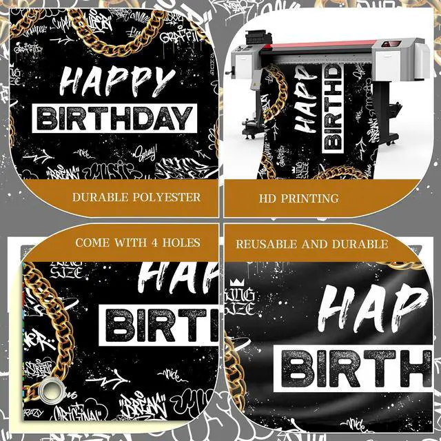 Alt view image 5 of 6 - Black White Graffiti Backdrop Banner - Gold Chain Urban Design for Hip Hop Theme Party, Rap Music Photography, Street Style Decor 72x43 Inch