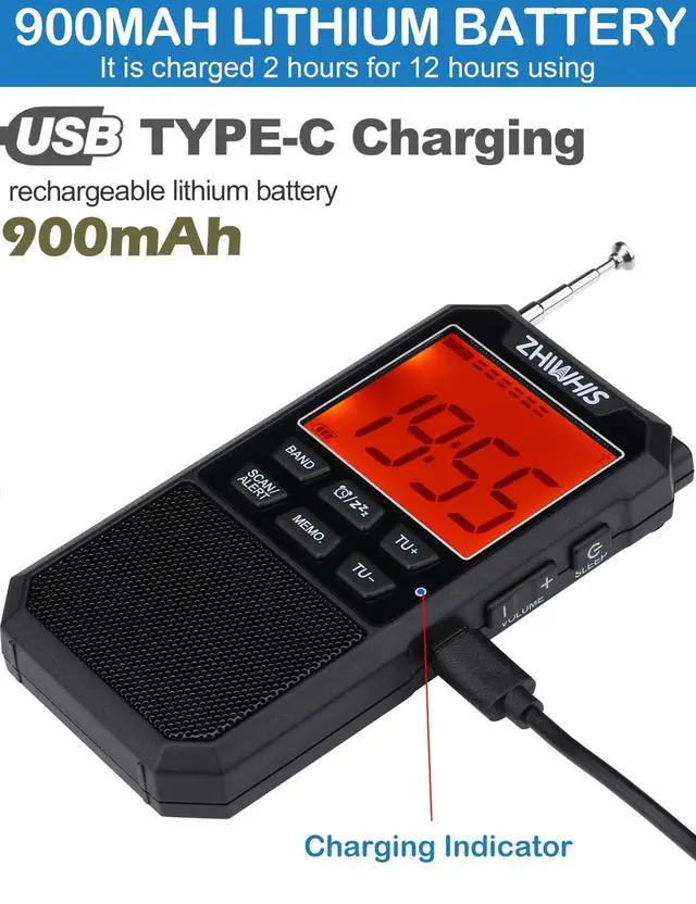 Alt view image 3 of 7 - Portable Radio, AM FM Stereo SW NOAA Weather VHF Receiver with Alerts, Rechargeable DSP Pocket Radios with 9.85Ft Wire Antenna, 900mAh/396Presets/Alarm Clock/Sleep Timer for Walking ZWS-878