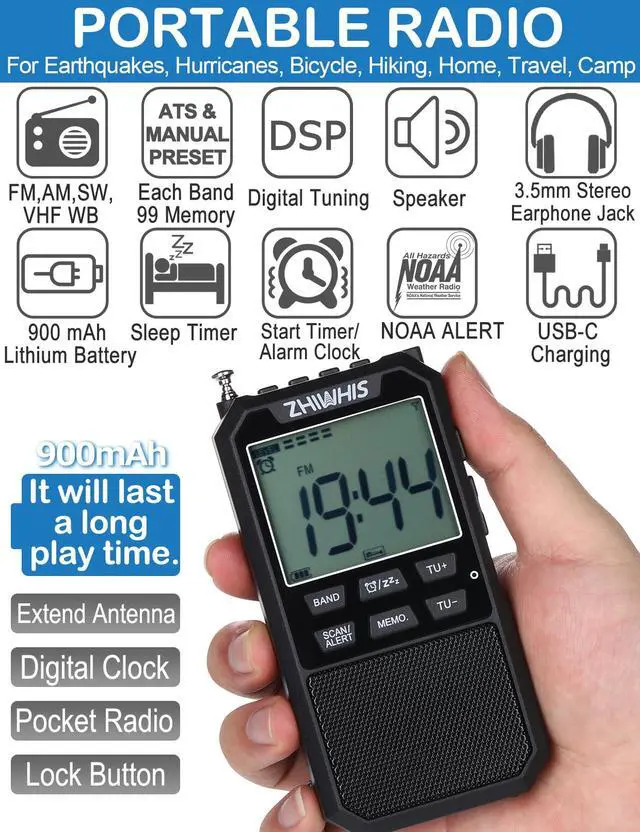 Alt view image 2 of 7 - Portable Radio, AM FM Stereo SW NOAA Weather VHF Receiver with Alerts, Rechargeable DSP Pocket Radios with 9.85Ft Wire Antenna, 900mAh/396Presets/Alarm Clock/Sleep Timer for Walking ZWS-878