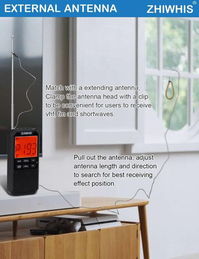 Alt view image 5 of 7 - Portable Radio, AM FM Stereo SW NOAA Weather VHF Receiver with Alerts, Rechargeable DSP Pocket Radios with 9.85Ft Wire Antenna, 900mAh/396Presets/Alarm Clock/Sleep Timer for Walking ZWS-878