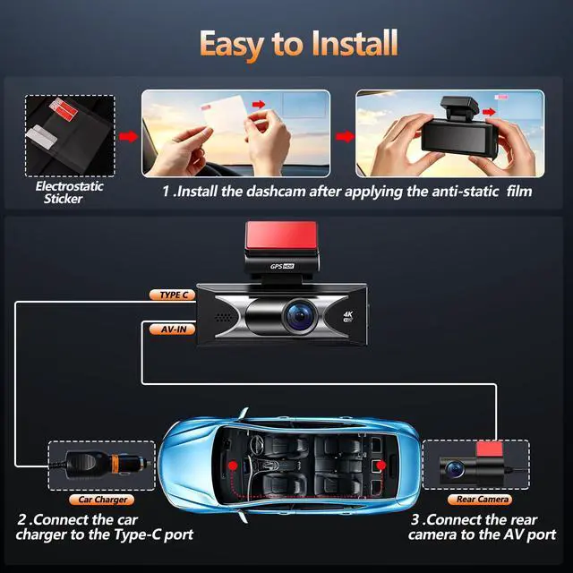 Alt view image 7 of 7 - 4K Dash Cam Front and Rear,HDR Night Vision 24H Parking Mode G Sensor ADAS | 2.5k Rear Camera, 5.8GHz Wi-Fi DashCam, 3" IPS Dash Camera for Cars with GPS Tracking, WDR,Loop Recording & 64GB Card