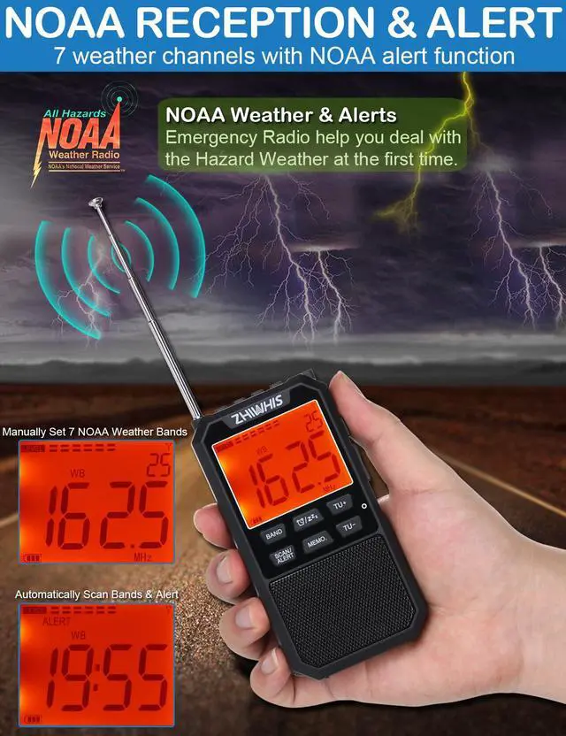 Alt view image 6 of 7 - Portable Radio, AM FM Stereo SW NOAA Weather VHF Receiver with Alerts, Rechargeable DSP Pocket Radios with 9.85Ft Wire Antenna, 900mAh/396Presets/Alarm Clock/Sleep Timer for Walking ZWS-878