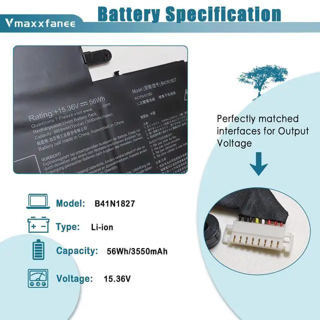 Alt view image 2 of 7 - 56Wh B41N1827 Battery Replacement for Asus ZenBook Flip 15 UX562 UX562F UX562FA UX562IQ UX562IA UX562FD UX562UG Q526 Q526F Q526FA Q526FAC Q507 Q507I Q507IQ UM562 UM562IQ B41BME1 UM562IA Gen 1 402