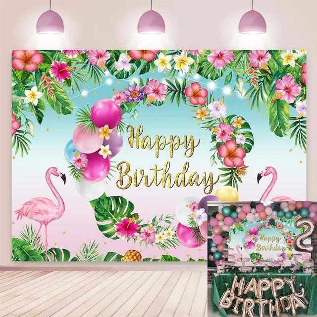 Main image of Summer Happy Birthday Backdrop Tropical Hawaiian Flamingo Flowers Palm Leaves Summer Beach Photography Background Aloha Beach Baby Shower Luau Party Supplies Photo Booth Props 7x5FT