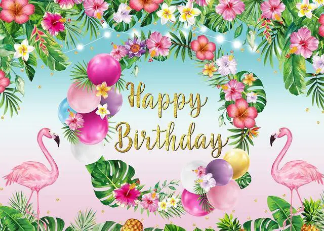 Alt view image 2 of 7 - Summer Happy Birthday Backdrop Tropical Hawaiian Flamingo Flowers Palm Leaves Summer Beach Photography Background Aloha Beach Baby Shower Luau Party Supplies Photo Booth Props 7x5FT