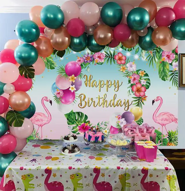 Alt view image 3 of 7 - Summer Happy Birthday Backdrop Tropical Hawaiian Flamingo Flowers Palm Leaves Summer Beach Photography Background Aloha Beach Baby Shower Luau Party Supplies Photo Booth Props 7x5FT