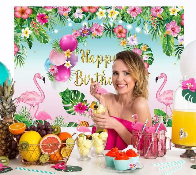 Alt view image 4 of 7 - Summer Happy Birthday Backdrop Tropical Hawaiian Flamingo Flowers Palm Leaves Summer Beach Photography Background Aloha Beach Baby Shower Luau Party Supplies Photo Booth Props 7x5FT