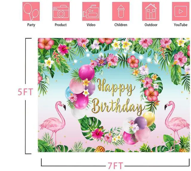 Alt view image 6 of 7 - Summer Happy Birthday Backdrop Tropical Hawaiian Flamingo Flowers Palm Leaves Summer Beach Photography Background Aloha Beach Baby Shower Luau Party Supplies Photo Booth Props 7x5FT