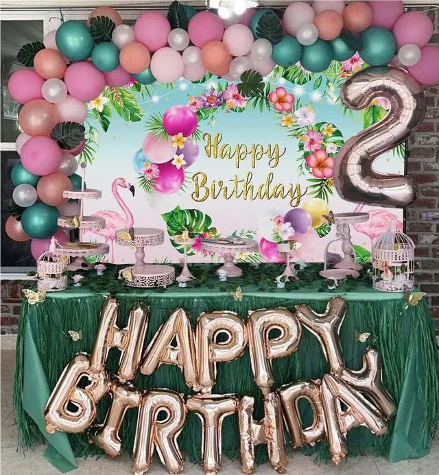 Alt view image 5 of 7 - Summer Happy Birthday Backdrop Tropical Hawaiian Flamingo Flowers Palm Leaves Summer Beach Photography Background Aloha Beach Baby Shower Luau Party Supplies Photo Booth Props 7x5FT
