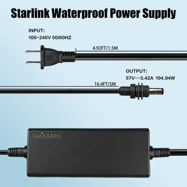 Alt view image 3 of 7 - Starlink Power Supply Charger Adapter for Gen 3 & Mini57V 3.42A 194.94W | Waterproof Replacement Power Supply with 16.4FT/5M AC Cord