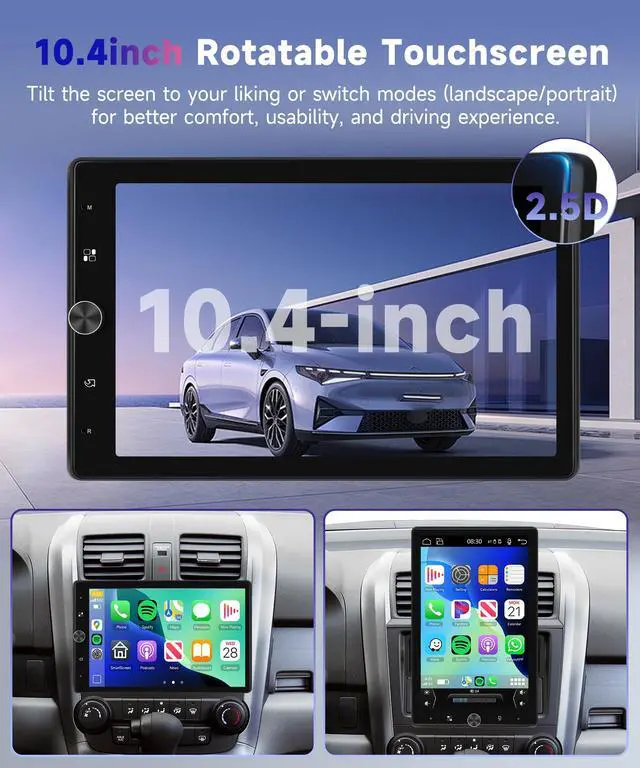 Alt view image 2 of 7 - 10.4 Wireless CarPlay Stereo Single Din Car Radio,2025 Upgraded Rotatable HD IPS Touch Screen,Wireless Android Auto Car Play Screen Bluetooth RDS/FM EQ SWC USB/TF Backup Camera
