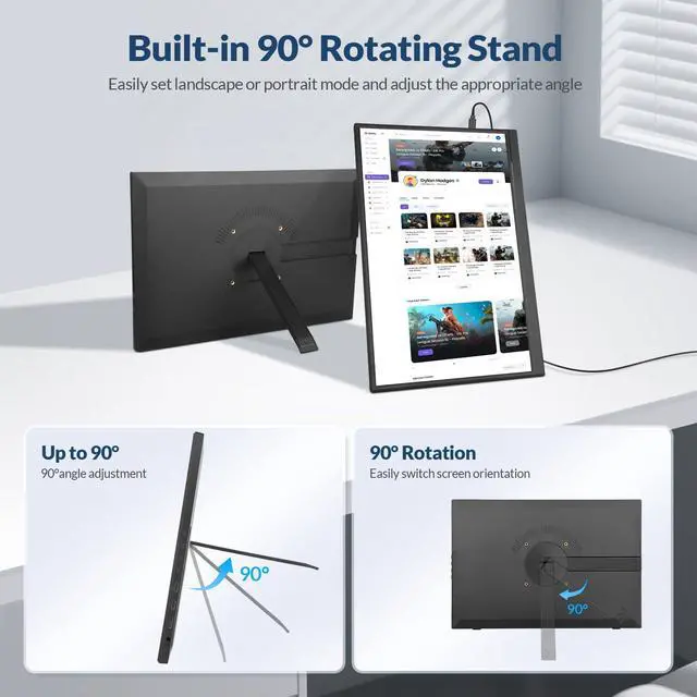 Alt view image 2 of 7 - Portable Monitor, 16 inch FHD 1200P, 16:10 Horizontal/Vertical Monitor, Laptop Screen Extender Built-in Speakers, Portable Monitor for Laptop MacBook Surface PC PS4/5, VESA Mountable, Plug & Play