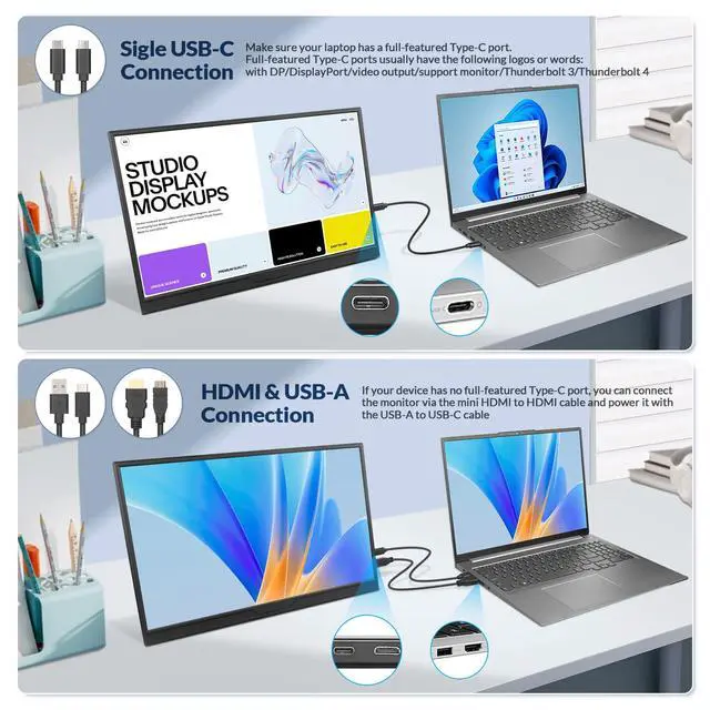 Alt view image 4 of 7 - Portable Monitor, 16 inch FHD 1200P, 16:10 Horizontal/Vertical Monitor, Laptop Screen Extender Built-in Speakers, Portable Monitor for Laptop MacBook Surface PC PS4/5, VESA Mountable, Plug & Play