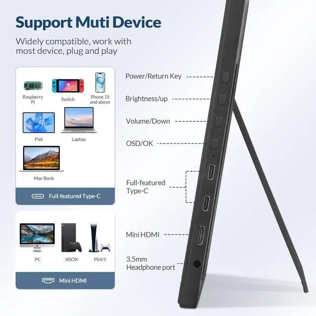 Alt view image 6 of 7 - Portable Monitor, 16 inch FHD 1200P, 16:10 Horizontal/Vertical Monitor, Laptop Screen Extender Built-in Speakers, Portable Monitor for Laptop MacBook Surface PC PS4/5, VESA Mountable, Plug & Play