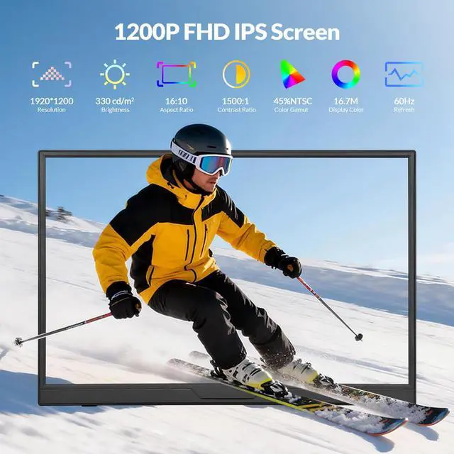 Alt view image 7 of 7 - Portable Monitor, 16 inch FHD 1200P, 16:10 Horizontal/Vertical Monitor, Laptop Screen Extender Built-in Speakers, Portable Monitor for Laptop MacBook Surface PC PS4/5, VESA Mountable, Plug & Play