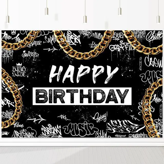 Main image of Black White Graffiti Backdrop Banner - Gold Chain Urban Design for Hip Hop Theme Party, Rap Music Photography, Street Style Decor 72x43 Inch