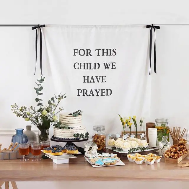 Alt view image 6 of 6 - Boho Linen Baby Shower Backdrop 59 x 50 Inch for This Child WE Have Prayed Fabric Baby Shower Party Backdrop Decorations Photo Booth Background for Newborn Birthday Party Supplies