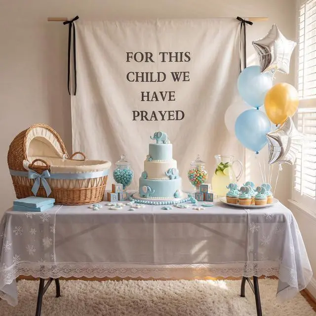 Alt view image 5 of 6 - Boho Linen Baby Shower Backdrop 59 x 50 Inch for This Child WE Have Prayed Fabric Baby Shower Party Backdrop Decorations Photo Booth Background for Newborn Birthday Party Supplies