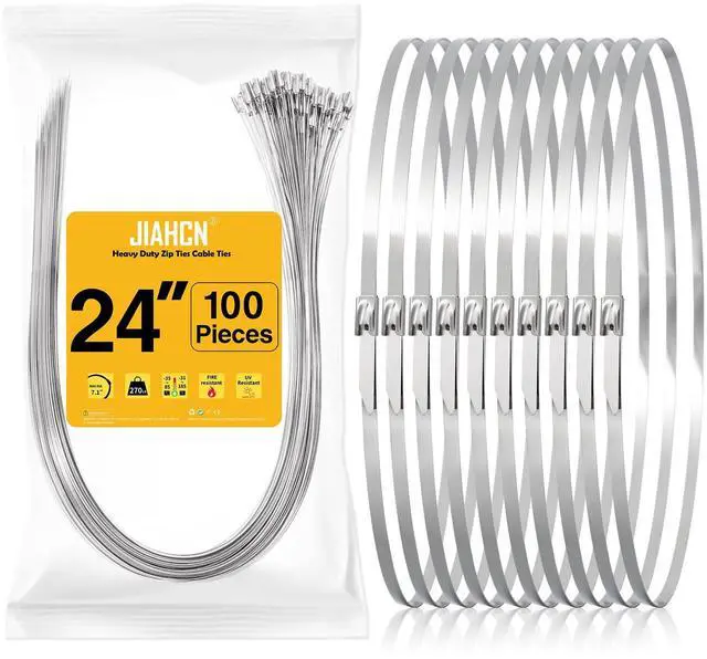 Main image of 100PCS Metal Cable Zip Ties Heavy Duty 24 Inch Long Stainless Steel ZipTies 270LBS Tensile Strength Steel Wire Ties Multi-Purpose Self-Locking Metal Wrap Ties for Indoor and Outdoor