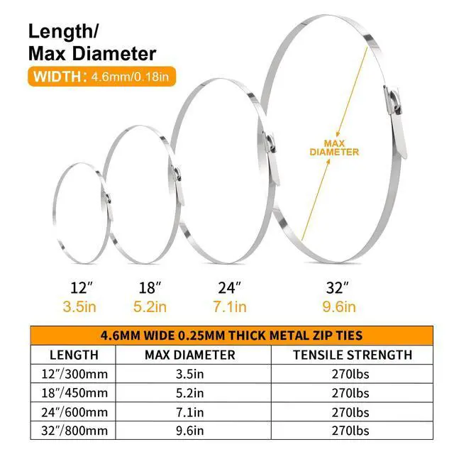 Alt view image 7 of 7 - 100PCS Metal Cable Zip Ties Heavy Duty 24 Inch Long Stainless Steel ZipTies 270LBS Tensile Strength Steel Wire Ties Multi-Purpose Self-Locking Metal Wrap Ties for Indoor and Outdoor
