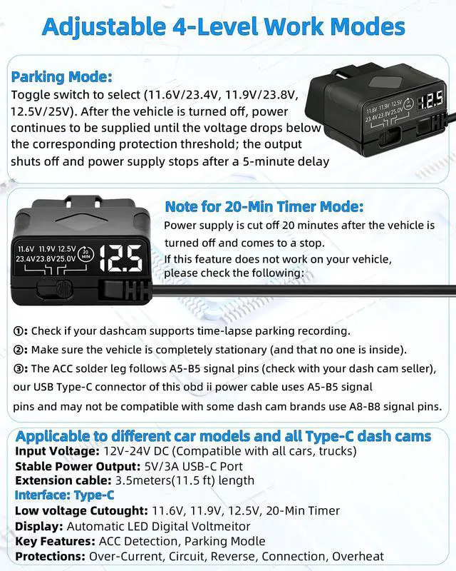 Alt view image 3 of 7 - OBD2 to USB C Power Cable for Dash Cam, Plug and Play Dashcam Hardwire Kit with LED Voltmeter, 4-Level Low Voltage Protection (11.6V/11.9V/12.5V/20min), 12V-24V to 5V/3A for Parking Mode, 11.5ft/3.5M